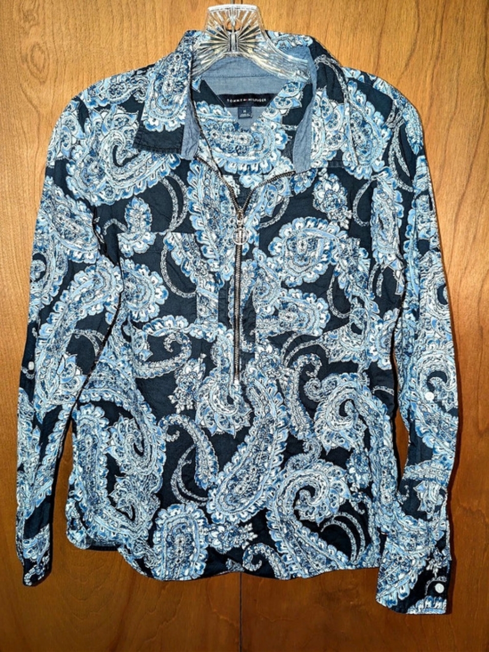 Tommy Hilfiger Paisley 3/4 Zip-Up Shirt in Light & Dark Blue